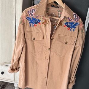 SHEIN Tan Embroidered Shirt with Blue and Red Accents